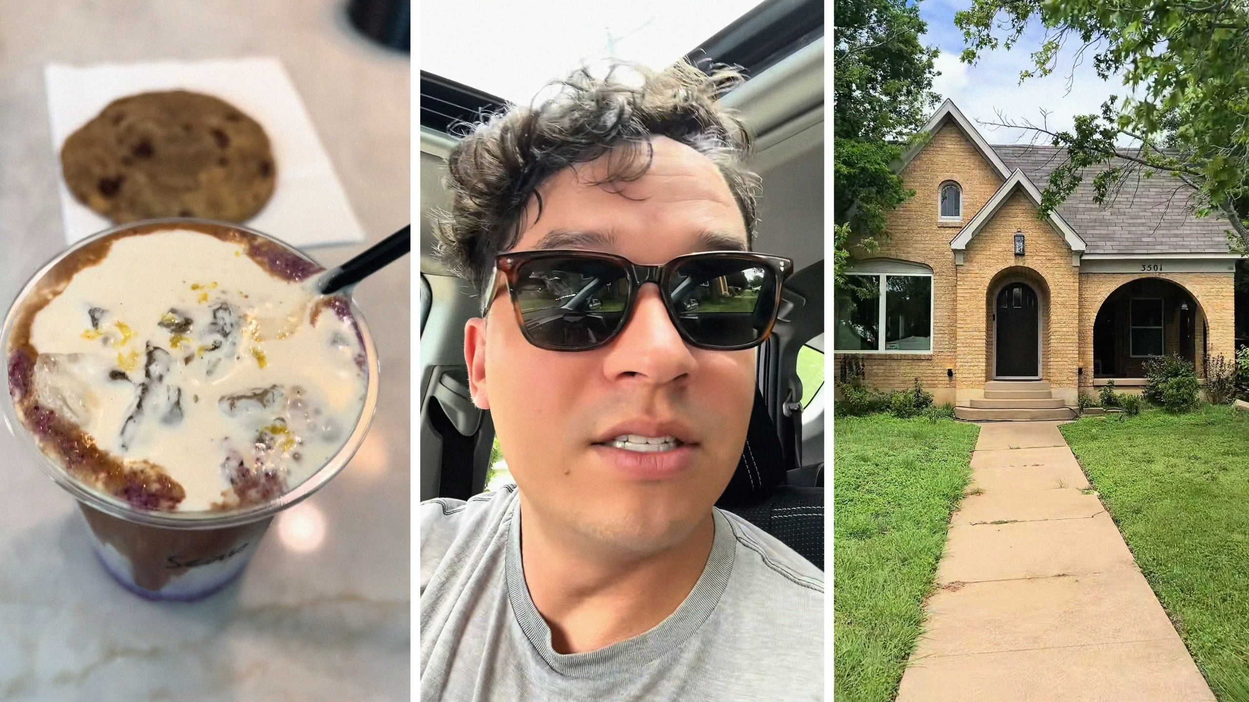 coffee and cookie (l) man shares coffee shop tour (c) someone's home (r)