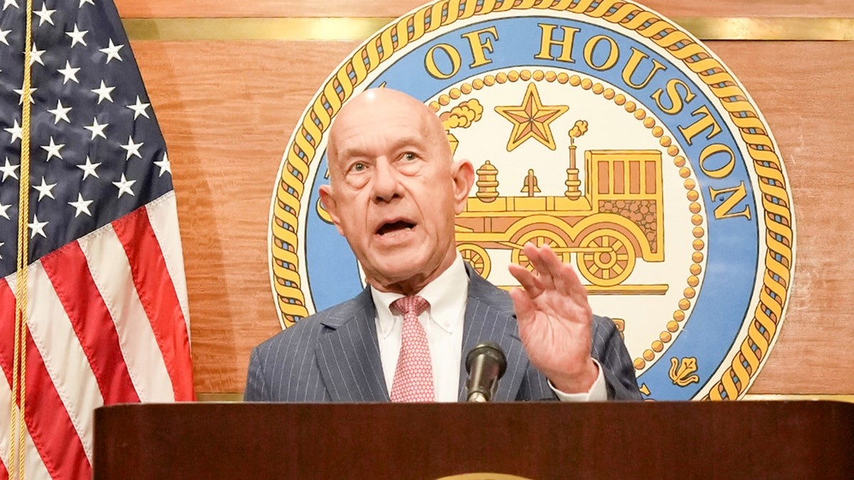 Houston Mayor John Whitmire speaking at a press conference in Houston