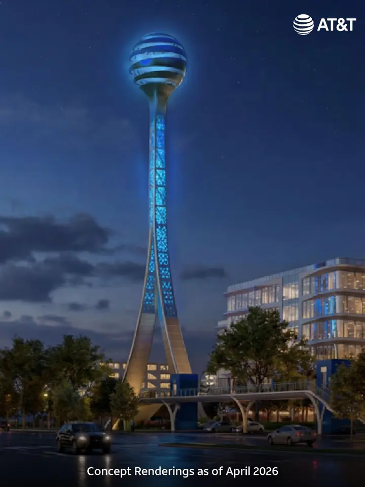 Rendering shows the tall blue tower envisioned for the AT&T campus in Plano, Texas. 