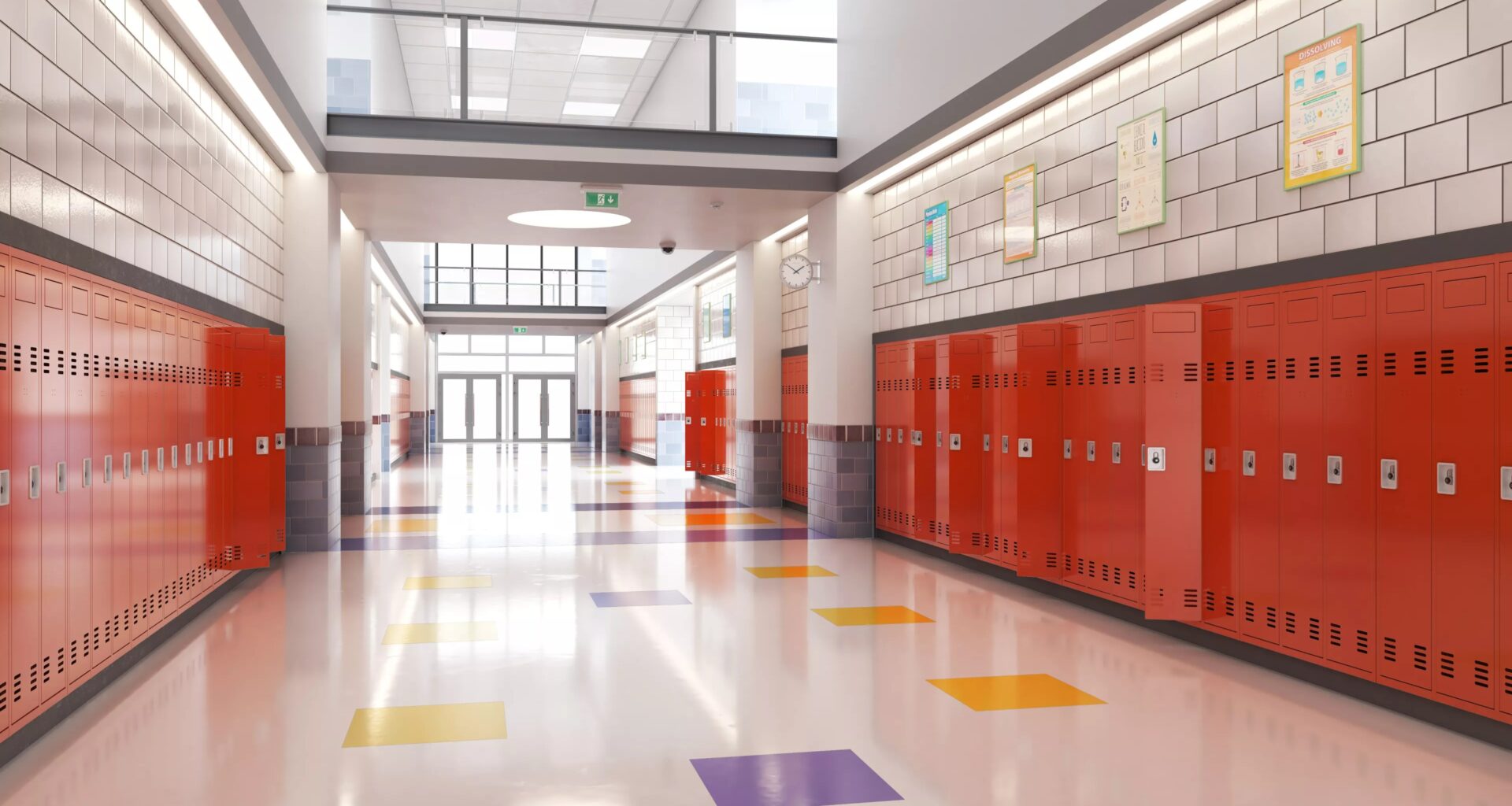 empty school hallway with lockers on each side