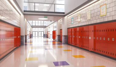 empty school hallway with lockers on each side