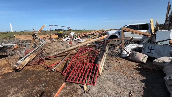 A collapsed barn in Enid, Oklahoma.