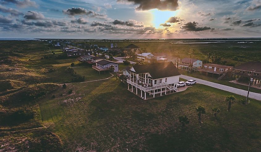 Matagorda Bay, Texas, beach homes at sunset.