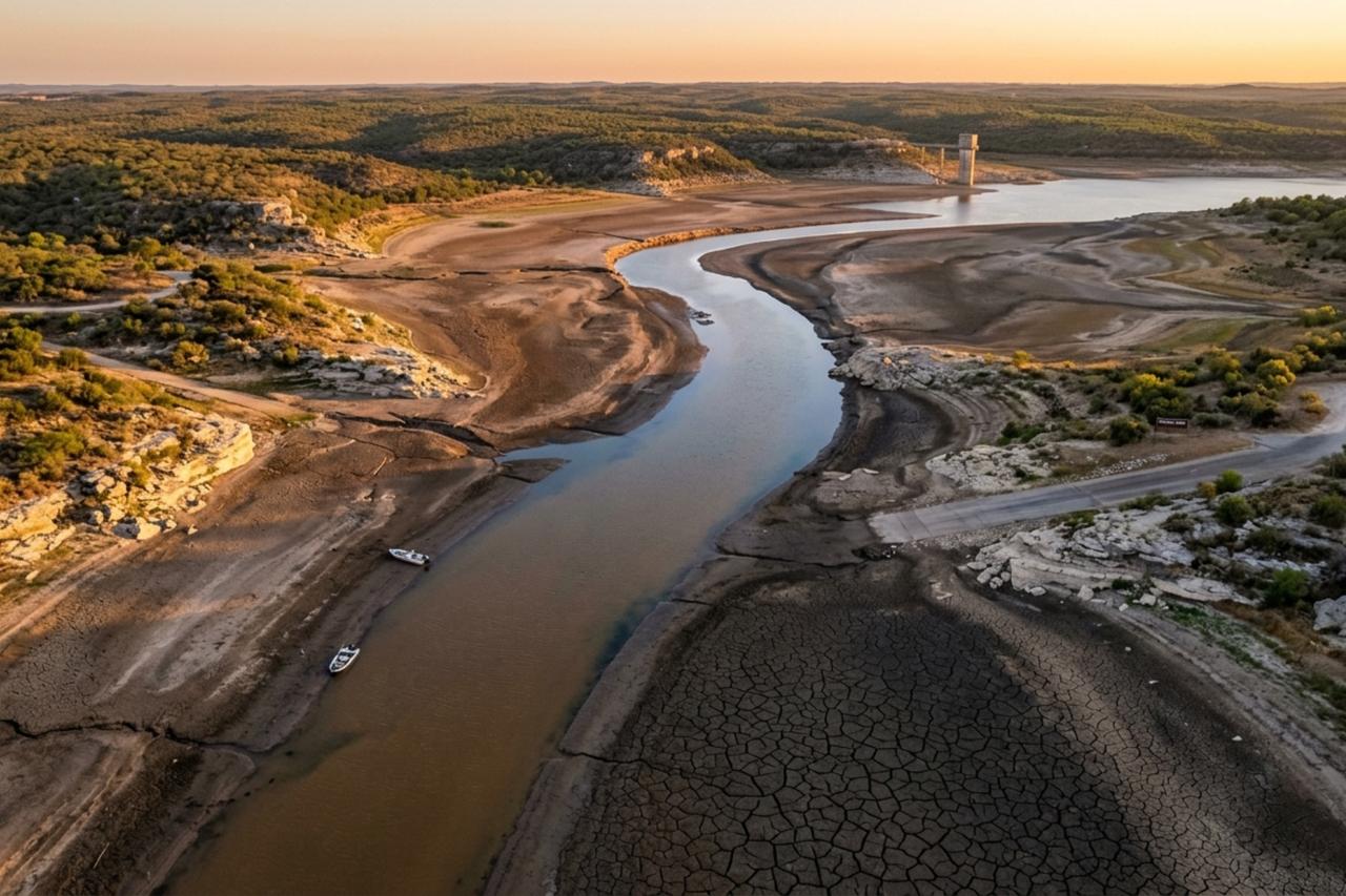 Aerial view shows a drought-affected riverbed with low water levels and cracked soil (Photo generated by Gemini)