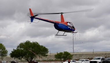 Hundreds of plastic Easter eggs fall from a helicopter at Church of Hope