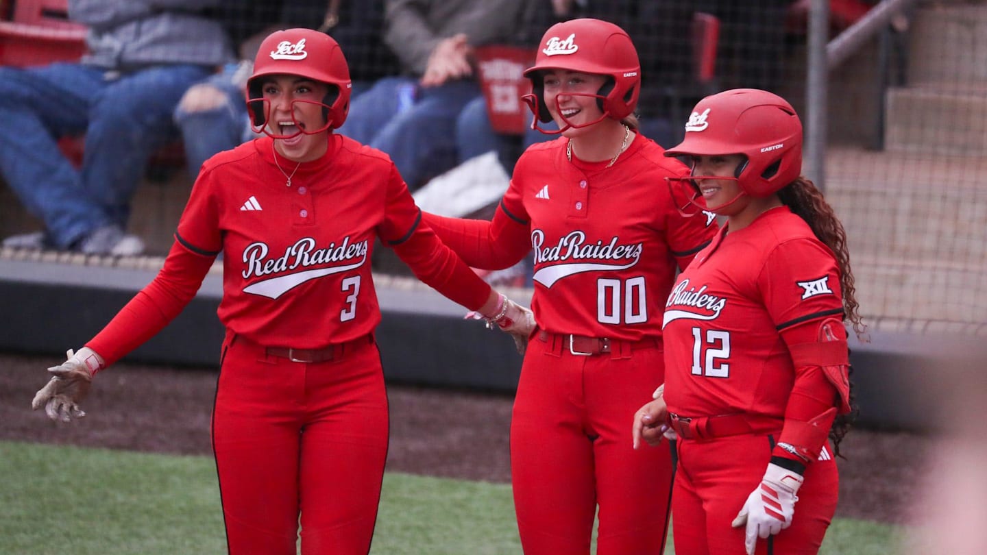 Texas Tech players Makayla Garcia (3), Jackie Lis (00) and Jasmyn Burns greet Mia Williams at home after a home run against Baylor during a Big 12 Conference softball game, Friday, May 1, 2026, at Tracy Sellers Field.