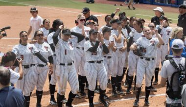 May 28, 2026; Oklahoma City, OK, USA; Texas Tech Red Raiders celebrate after run ruling the Mississippi State Bulldogs in the fifth inning during the NCAA Women’s College World Series at Devon Park. Texas Tech won 8-0. Mandatory Credit: Brett Rojo-Imagn Images