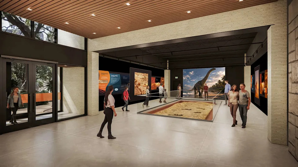 The Texas Science & Natural History Museum will begin construction on its new Sarah and Ernest Butler Dinosaur Trackways Building this summer, displaying a historic, 113-million-year-old set of dinosaur tracks discovered in Texas. (Rendering by McKinney York Architects/Courtesy of Texas Science & Natural History Museum)