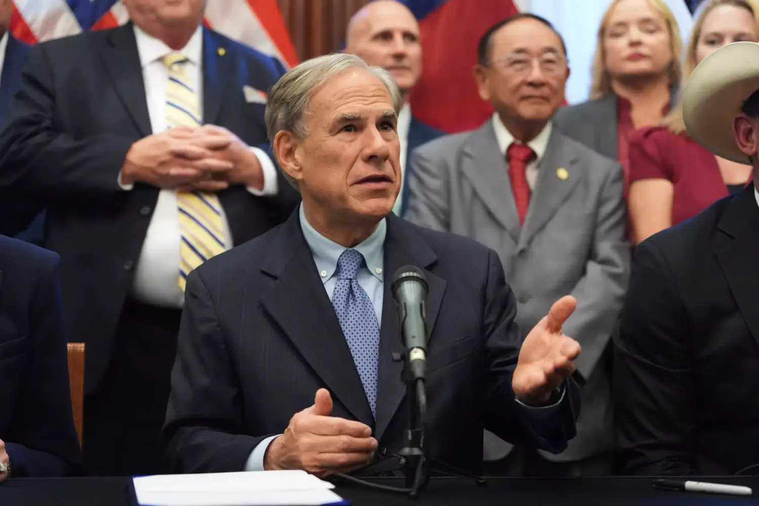 Texas Gov. Greg Abbott speaks to the media at the Texas Capitol in Austin, Texas, Aug. 22, 2025.