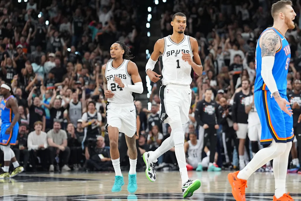 May 24, 2026; San Antonio, Texas, USA; San Antonio Spurs center Victor Wembanyama (1) looks on in the fourth quarter against the Oklahoma City Thunder during game four of the western conference finals for the 2026 NBA playoffs at Frost Bank Center. Mandatory Credit: Daniel Dunn-Imagn Images