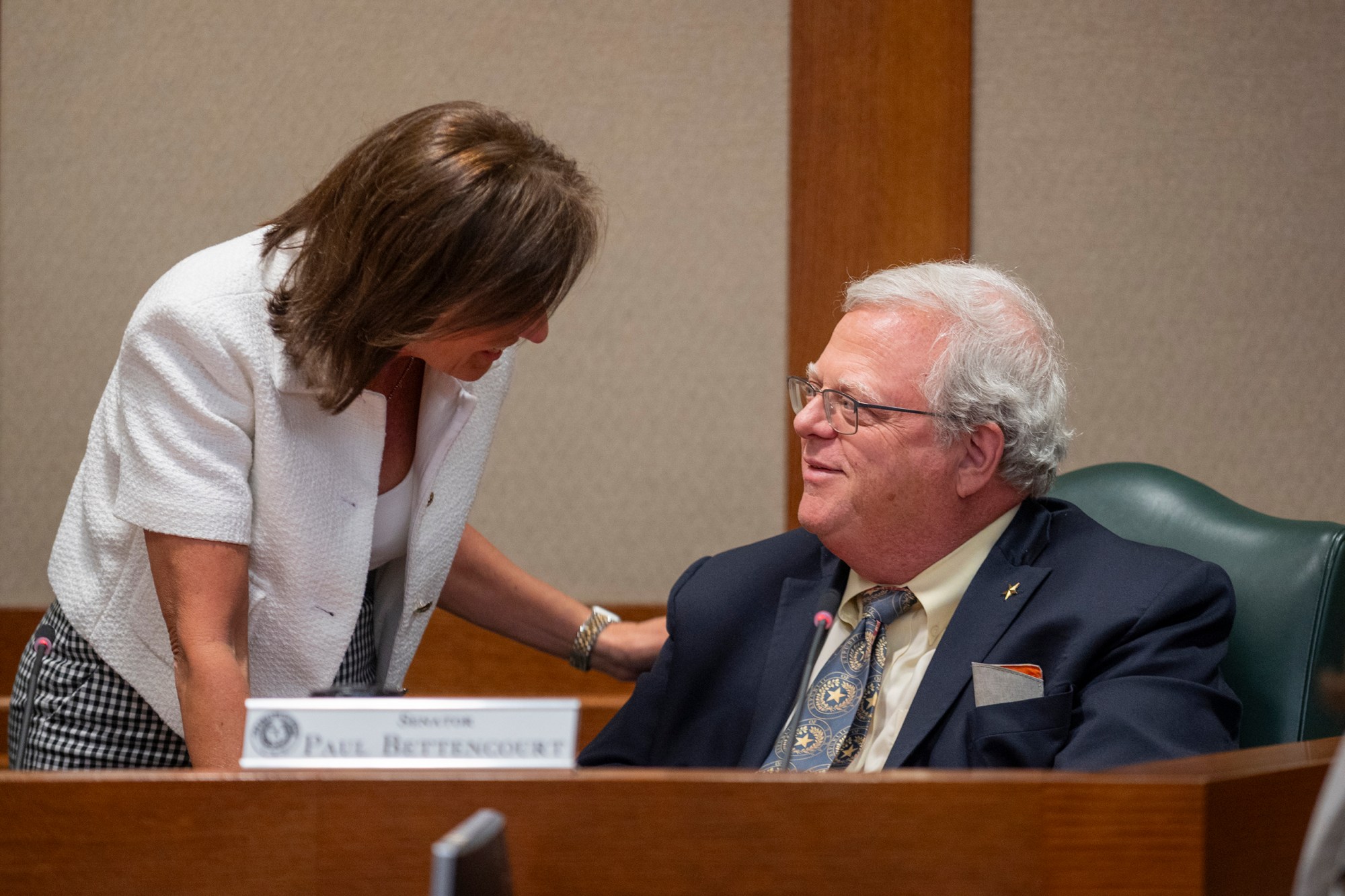 State Sen. Angela Paxton, R-McKinney speaks with state Sen. Paul Bettencourt R-Houston, during a committee hearing in Austin on Aug. 6, 2025.