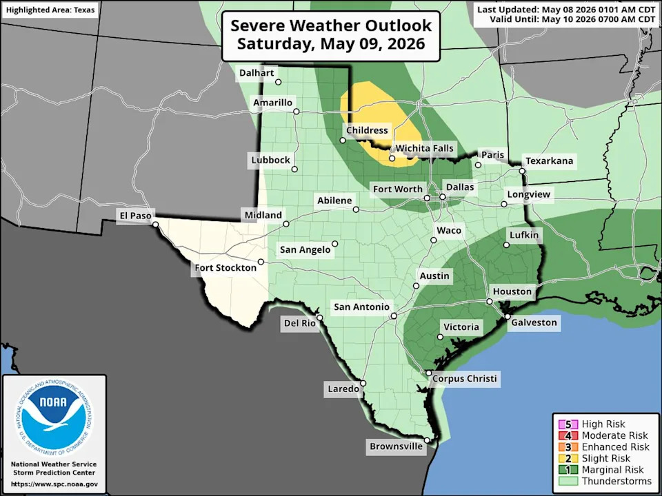 Severe weather will be possible across North and Southeast Texas on Saturday, but Central Texas may catch a break as the region sits in between two storm systems. (Storm Prediction Center)
