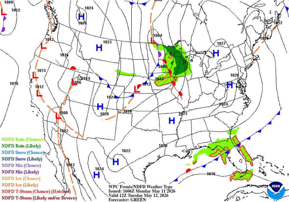 High atmospheric pressure will dominate Texas weather for the next few days before shifting eastward. It will surrender the area to a returning dry line and another upper-level atmospheric disturbance early next week. (Weather Prediction Center)