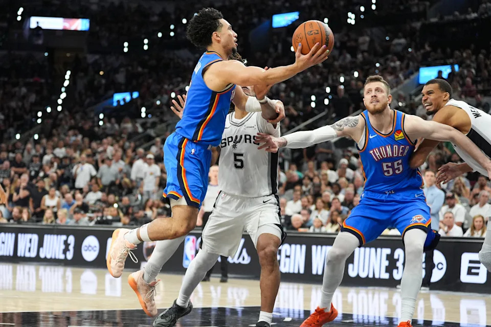 May 24, 2026; San Antonio, Texas, USA; Oklahoma City Thunder guard Jared McCain (3) passes in the fourth quarter against the San Antonio Spurs during game four of the western conference finals for the 2026 NBA playoffs at Frost Bank Center. Mandatory Credit: Daniel Dunn-Imagn Images