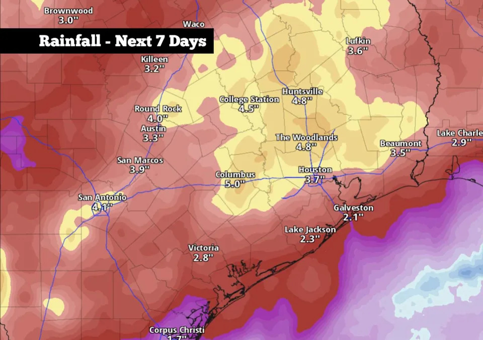 Shown are the potential rainfall totals across South Texas over the next seven days, according to the National Blend of Models. (Pivotal Weather)
