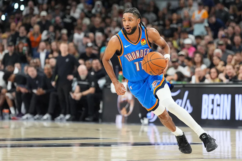 May 24, 2026; San Antonio, Texas, USA; Oklahoma City Thunder guard Isaiah Joe (11) moves the ball in the fourth quarter against the San Antonio Spurs during game four of the western conference finals for the 2026 NBA playoffs at Frost Bank Center. Mandatory Credit: Daniel Dunn-Imagn Images