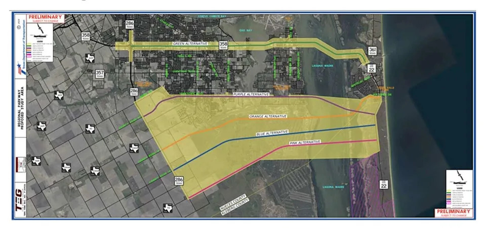 Shown are the routes that TxDOT considered for building a second causeway connecting Corpus Christi to North Padre Island. As of April 2026, the state transportation agency is moving forward on exploring just the green and orange alternatives. (Courtesy TxDOT)
