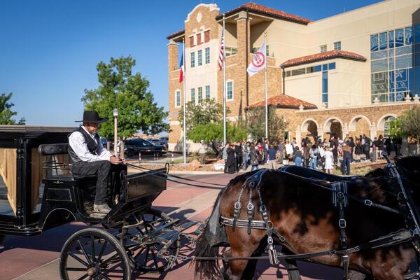 A hearse carriage and coachman.