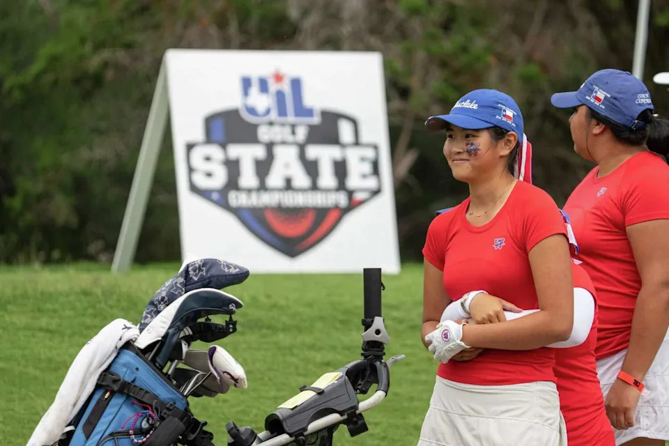 Westlake's EmmyYang is huge by teammate Lindsay Kneer during the UIL state golf tournament at White Wing Golf Club in Georgetown Tuesday, April 29, 2025. (Mikala Compton/American-Statesman)