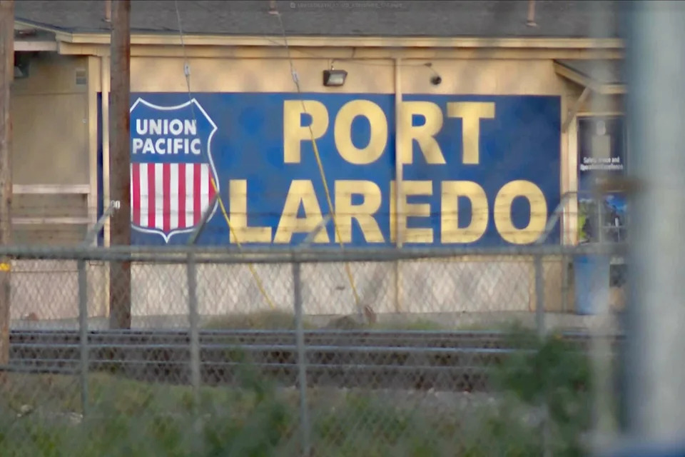 In this image taken from video footage provided by KGNS, Union Pacific signage is displayed at a rail yard in Laredo, Texas, Sunday, May 10, 2026. / Credit: AP