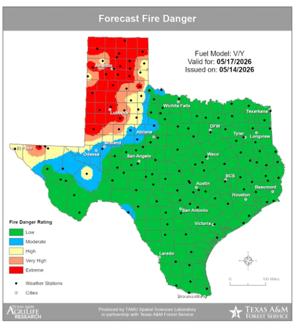 While Central Texas is not currently facing a significant wildfire threat thanks to recent rainfall, the Texas Panhandle could greatly benefit from more rain, as extremely dry weather continues to keep the wildfire danger elevated across the region. (Texas A&M Forest Service)