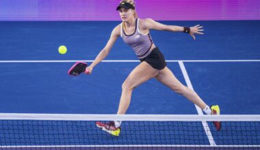 In this image provided by the Carvana PPA Tour, professional tennis player Eugenie Bouchard plays a shot during a pickleball match, Oct. 10, 2024, in Las Vegas. (Carvana PPA Tour via AP)