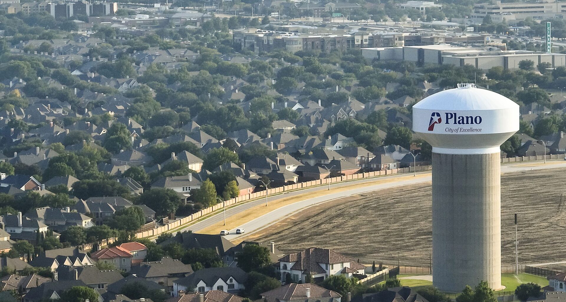 Aerial view of a Plano water tower on Windhaven Parkway near Parkwood Boulevard and Spring Creek Parkway on Monday, Aug. 21, 2023, in Plano. A mixed used development is planned on farm land owned by the Haggard family on the south side of Spring Creek Parkway.