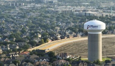 Aerial view of a Plano water tower on Windhaven Parkway near Parkwood Boulevard and Spring Creek Parkway on Monday, Aug. 21, 2023, in Plano. A mixed used development is planned on farm land owned by the Haggard family on the south side of Spring Creek Parkway.