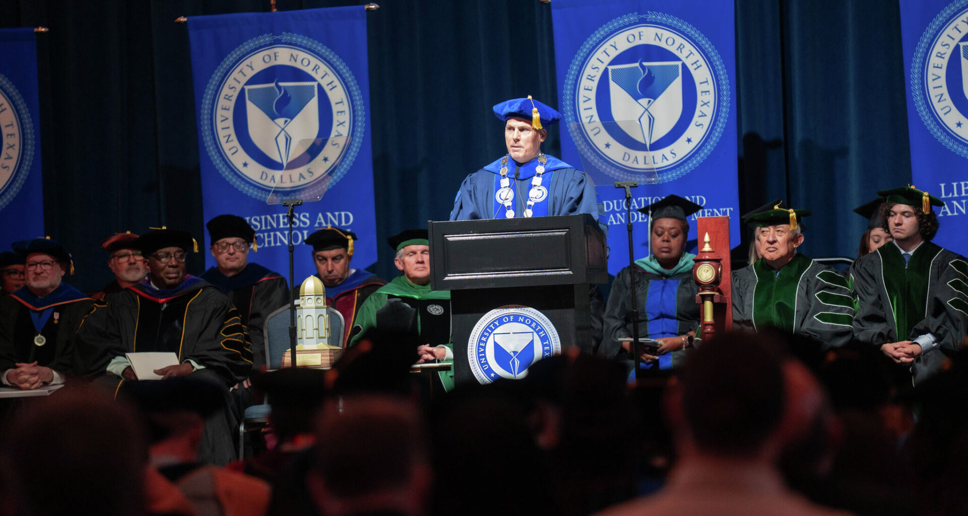 Warren von Eschenbach, president of the University of North Texas at Dallas, gives his remarks at his investiture on May 1, 2026 in Dallas. 