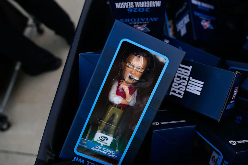 Free bobbleheads of Jim Tressel for fans before the UFL game against the Houston Gamblers at Historic Crew Stadium on Friday, May 1, 2026 in Columbus, Ohio.