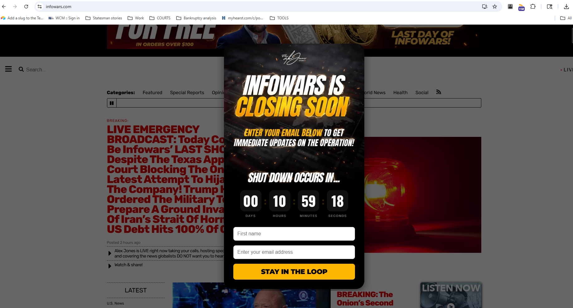 Infowars shuts down website ahead of pending hearing on Onion takeover
