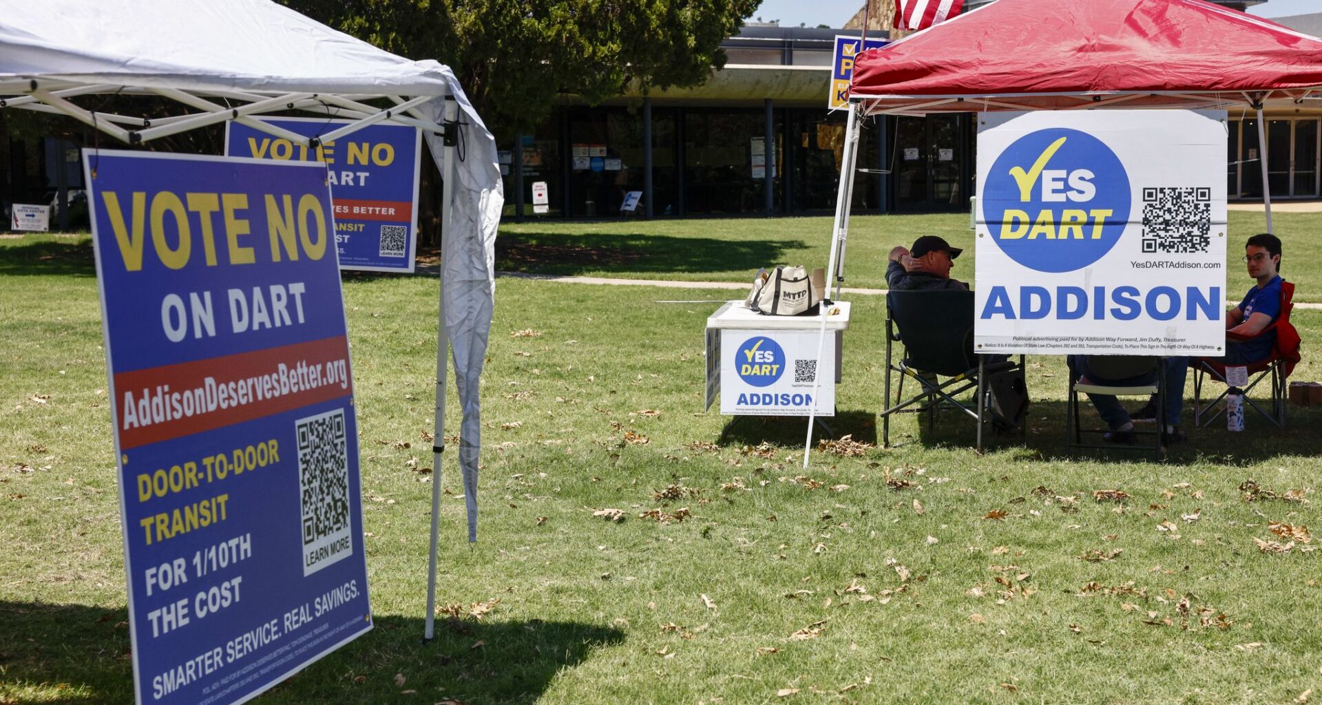 Signs in support and against DART are seen outside Addison Town Hall on Election Day on Saturday, May 2, 2026.
