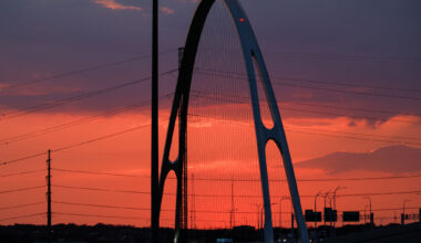 The sun sets behind Interstate 30 and Oak Cliff, Friday, March 6, 2026, in Dallas.
