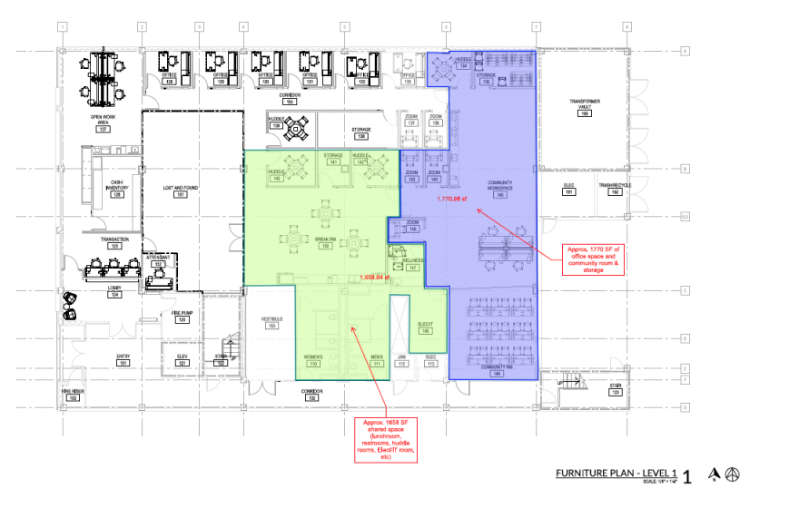 A furniture plan for CapMetro's Transit Store at 1705 Guadalupe Street, obtained by KUT News through the Texas Public Information Act. The floor plan shows some of the shared space not included among the 7,700 square feet of unused office space.