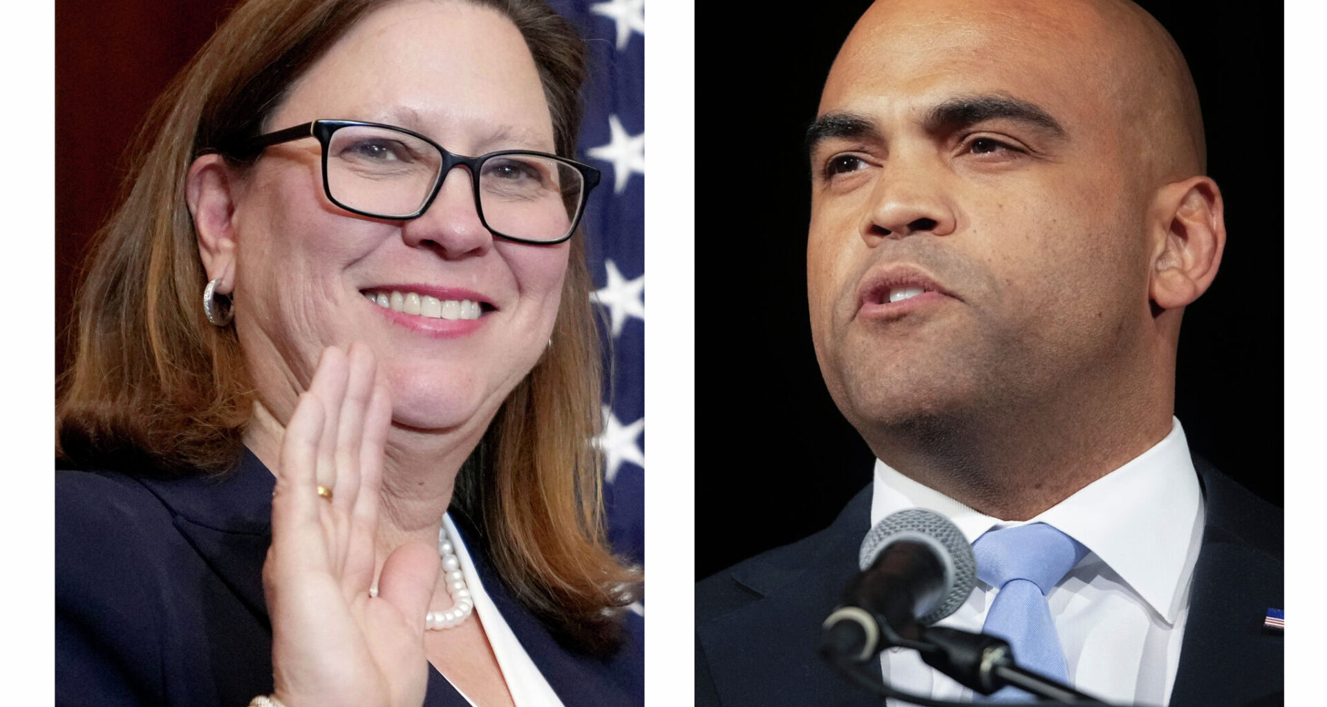  Rep. Julie Johnson and former Rep. Colin Allred, running in the May 26 Democratic runoff. (AP Photo/Jacquelyn Martin, Tony Gutierrez)