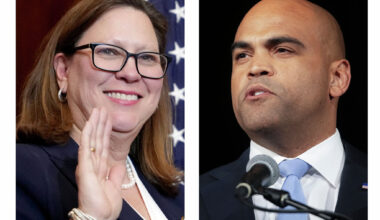  Rep. Julie Johnson and former Rep. Colin Allred, running in the May 26 Democratic runoff. (AP Photo/Jacquelyn Martin, Tony Gutierrez)