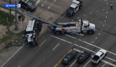 SkyEye13 captured images emergency crews responding to overturned tanker on Highway 6 at Westheimer Road