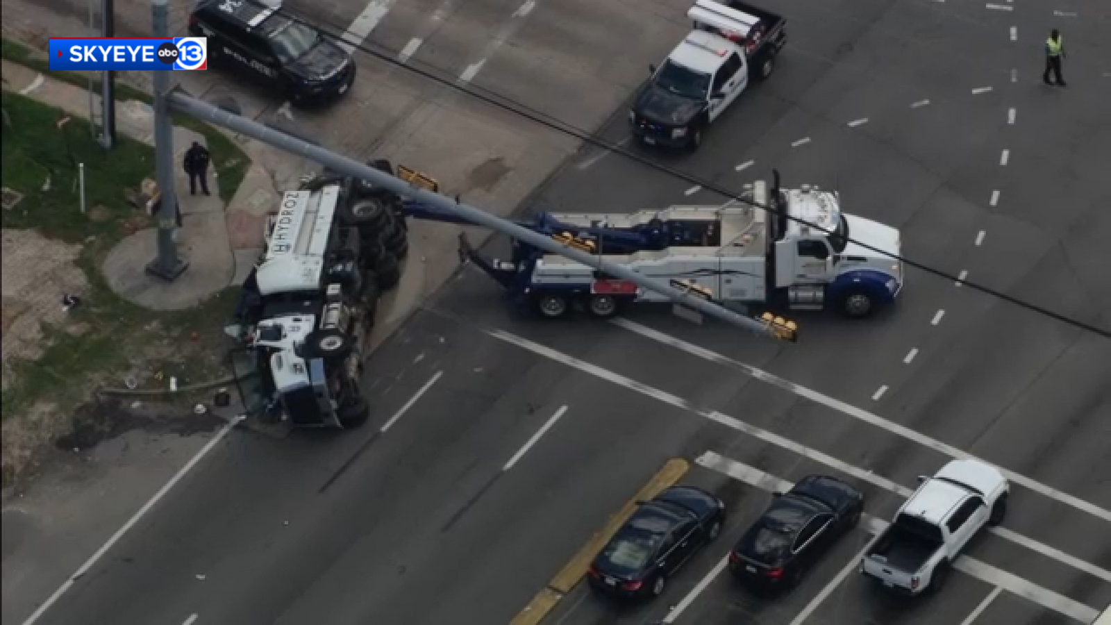 SkyEye13 captured images emergency crews responding to overturned tanker on Highway 6 at Westheimer Road