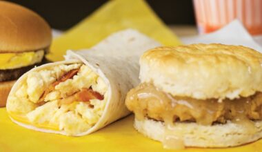Taquito with cheese and bacon and a honey butter chicken biscuit.