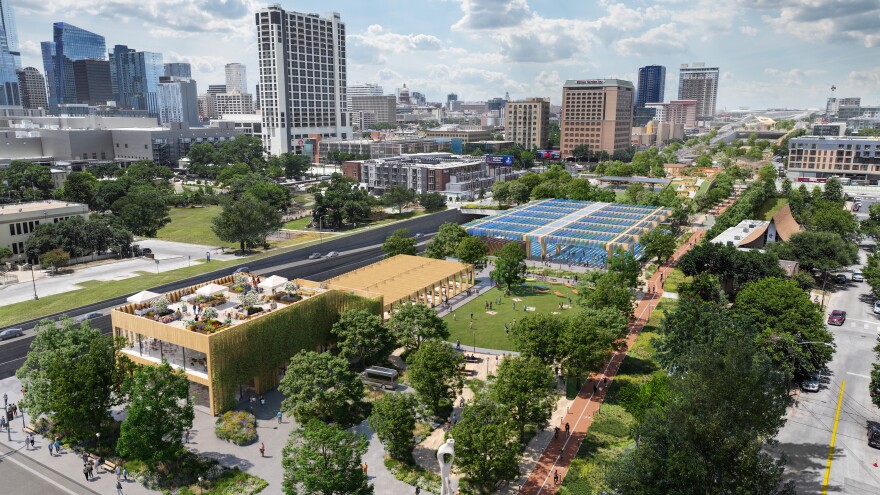 An illustration showing an aerial view of a deck park over I-35. Two story buildings, open fields, and trees are visible on the cap.