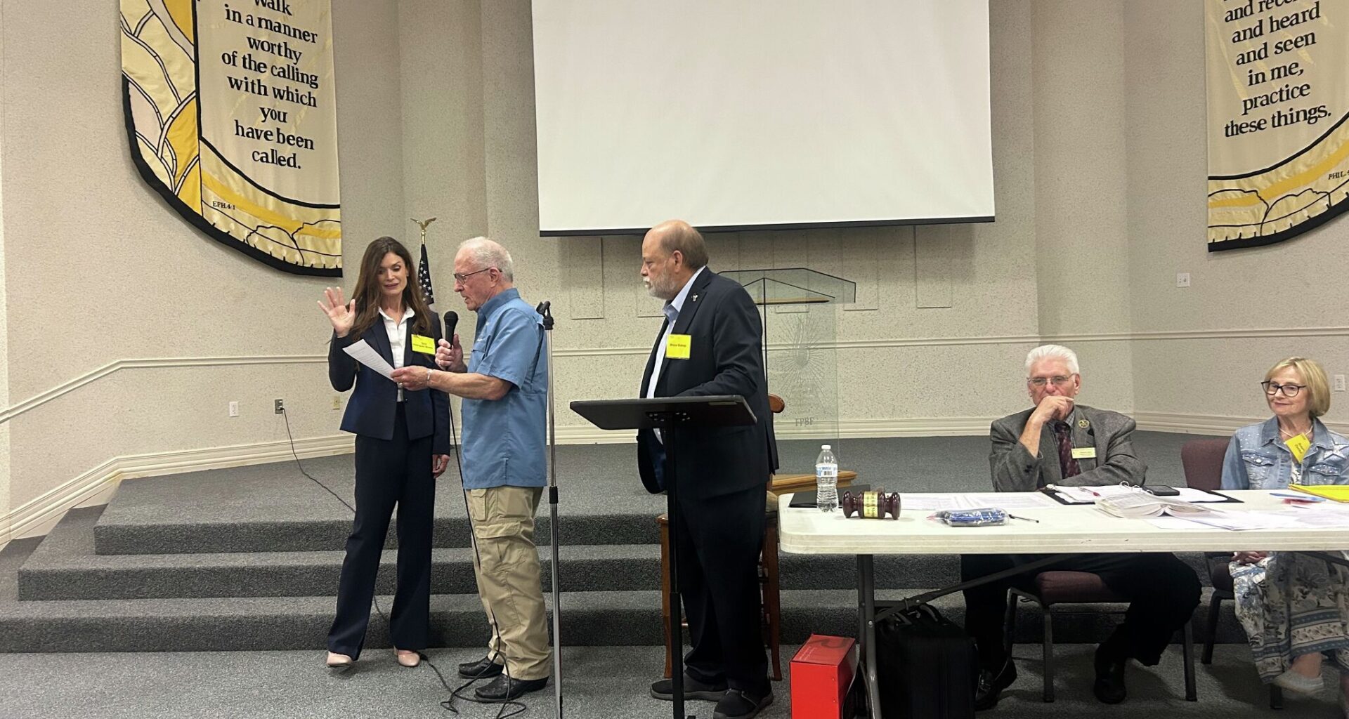 Tami Brown-Rodriquez, left, is sworn in as Dallas County Republican Party Chair by Texas State Sen. Bob Hall on Monday May 4, 2026.