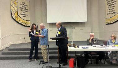 Tami Brown-Rodriquez, left, is sworn in as Dallas County Republican Party Chair by Texas State Sen. Bob Hall on Monday May 4, 2026.