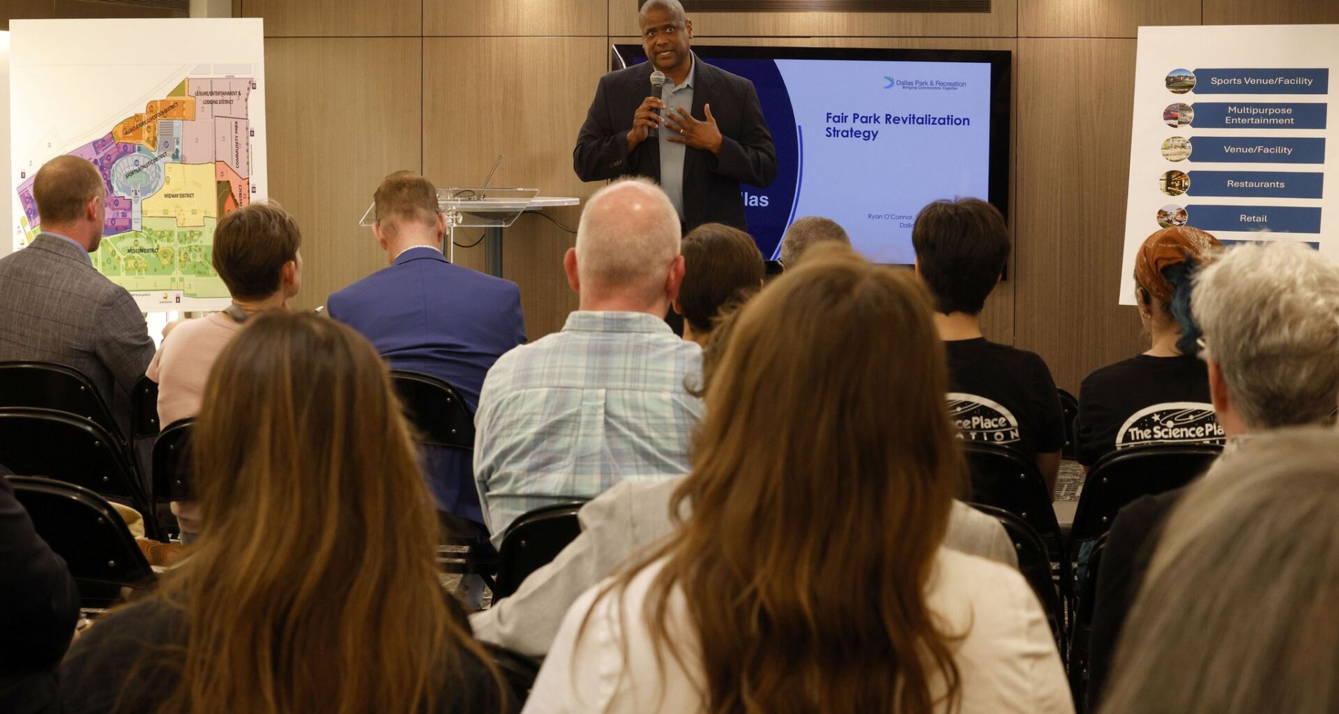 Dallas Park and Recreation Director John Jenkins speaks during a Fair Park community town hall to brief neighbors on next steps for Fair Park's development, potential partner selection and upcoming plans for the city-owned site, at Cotton Bowl Stadium, on May 4, 2026, in Dallas.