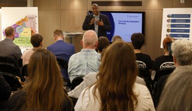 Dallas Park and Recreation Director John Jenkins speaks during a Fair Park community town hall to brief neighbors on next steps for Fair Park's development, potential partner selection and upcoming plans for the city-owned site, at Cotton Bowl Stadium, on May 4, 2026, in Dallas.