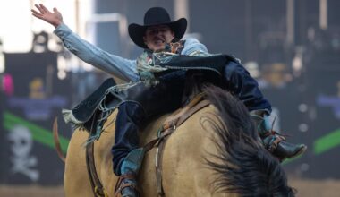 Jayco Roper, of Oktana, Oklahoma, rides Gun Powder during the bareback riding portion of the annual Buc Days Rodeo in Corpus Christi on May 9, 2025.