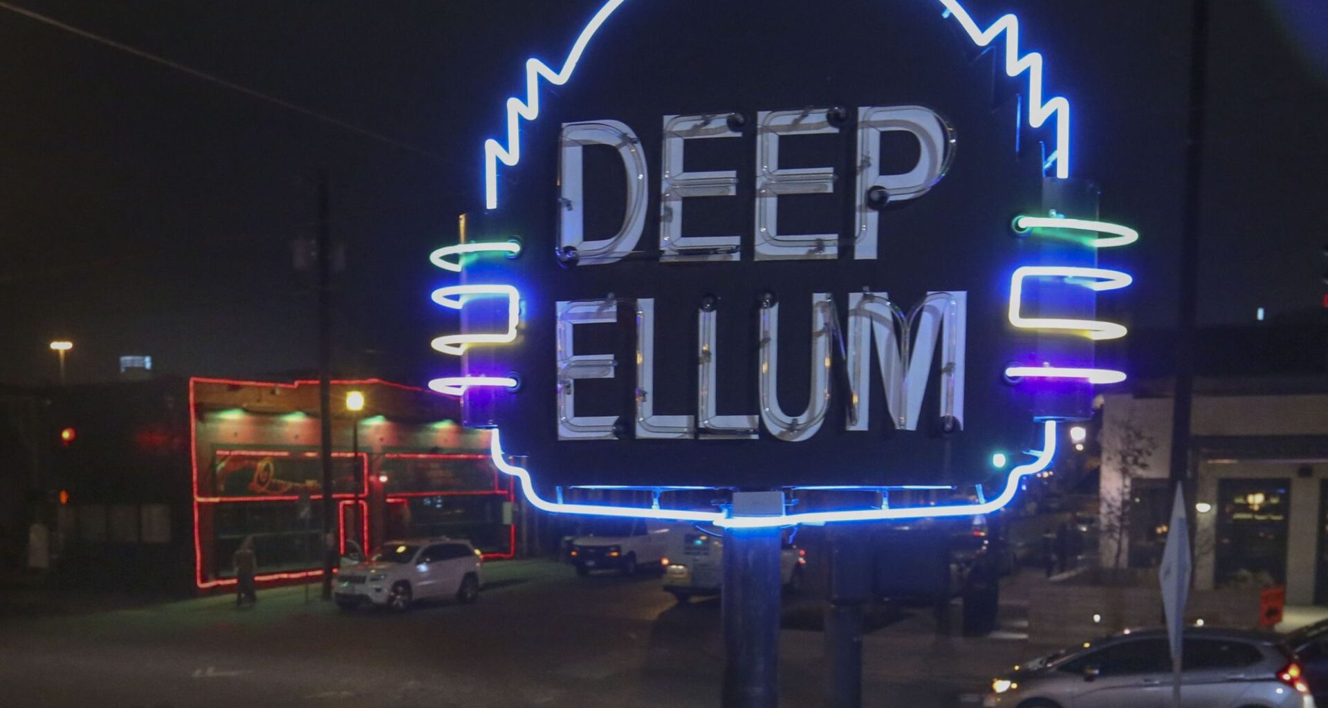 A  neon Deep Ellum sign lights up Main St. and Malcolm X Blvd Friday, January 26, 2018. (Ron Baselice/The Dallas Morning News)