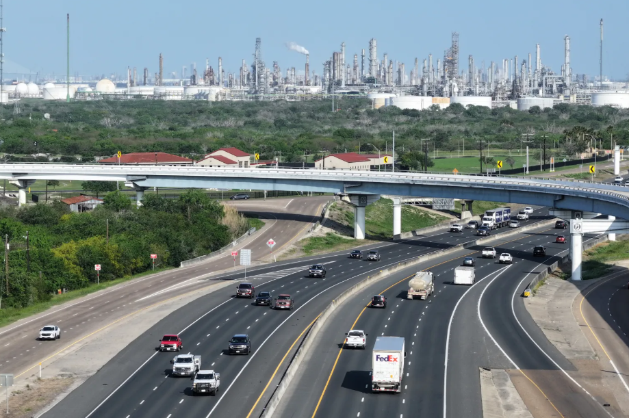 Refineries line the landscape between U.S. Highway 37 and the Nueces River in Corpus Christi on April 15, 2026.  