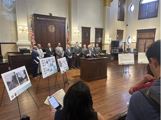 Caption: At a 2025 press conference, Bexar County, the City of San Antonio, and the San Antonio River Authority announced the launch of the NextGen Flood Warning System, with Bexar County seeking to commit $21 million toward the effort.