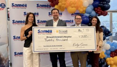 Sames Auto Group donated $20,000 to Driscoll Children’s Hospital on Thursday, May 7, 2026 after completing 2,000 test drives during its Drive for Smiles campaign.Pictured are: Patricia Muyshondt, Chief Marketing Officer for Sames Auto Group; Ryan Cain, General Manager of Sames Ford Corpus Christi; Jason Geiken, Vice President of Development for Driscoll Children’s Hospital; and Whitney Hendley, Major Gift Officer for Driscoll Children’s Hospital.