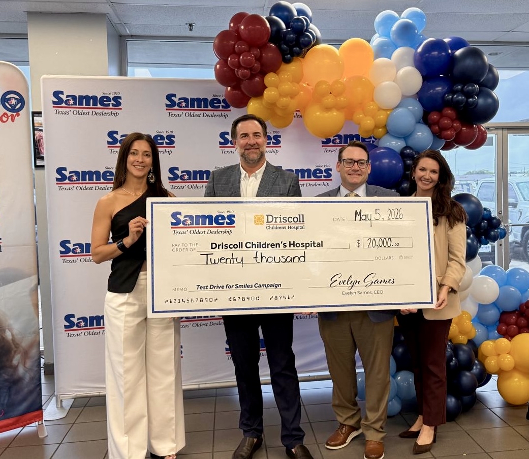 Sames Auto Group donated $20,000 to Driscoll Children’s Hospital on Thursday, May 7, 2026 after completing 2,000 test drives during its Drive for Smiles campaign.Pictured are: Patricia Muyshondt, Chief Marketing Officer for Sames Auto Group; Ryan Cain, General Manager of Sames Ford Corpus Christi; Jason Geiken, Vice President of Development for Driscoll Children’s Hospital; and Whitney Hendley, Major Gift Officer for Driscoll Children’s Hospital.